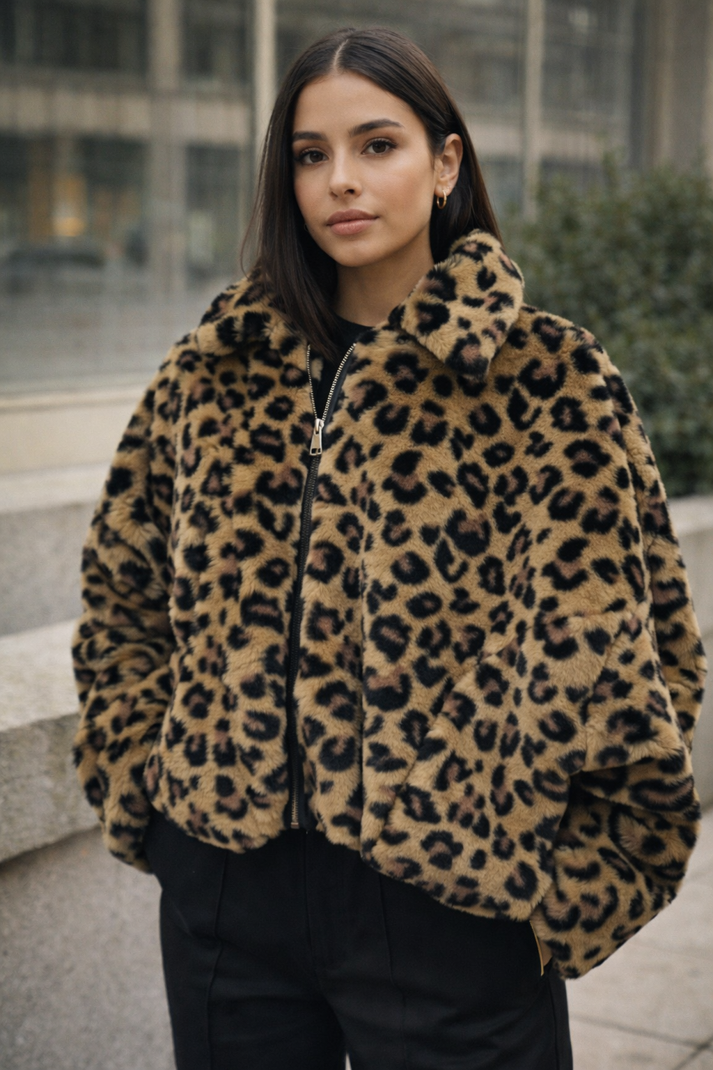 Leopard Print Cropped Faux Fur Jacket