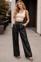 Black Faux Leather Wide-Leg Trousers