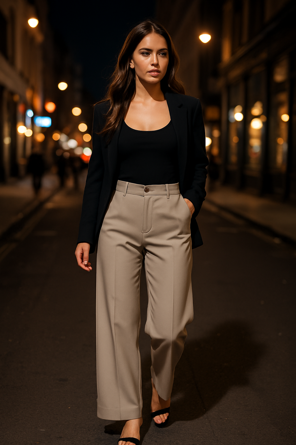 Woman in black top and beige pants walking on a city street at night.