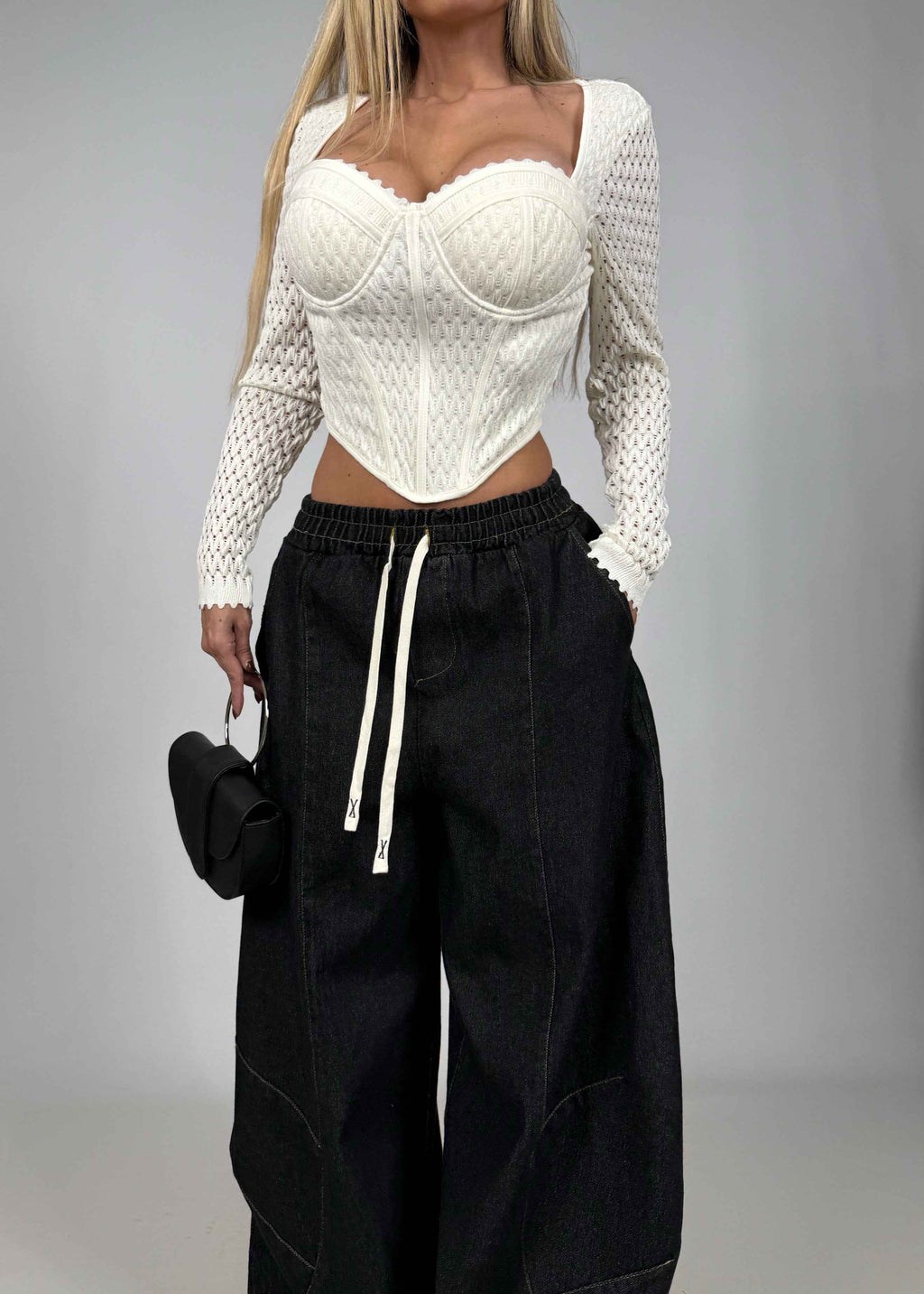 White Knitted Long Sleeve Corset Top – Structured Bustier Design