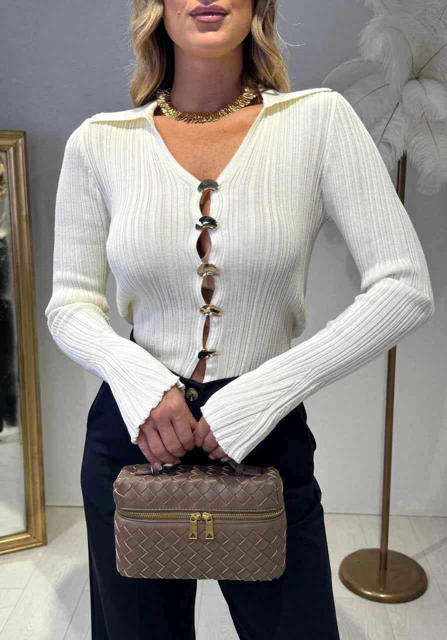 Ribbed Long Sleeve Blouse with Statement Gold Buttons