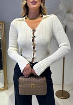 Ribbed Long Sleeve Blouse with Statement Gold Buttons