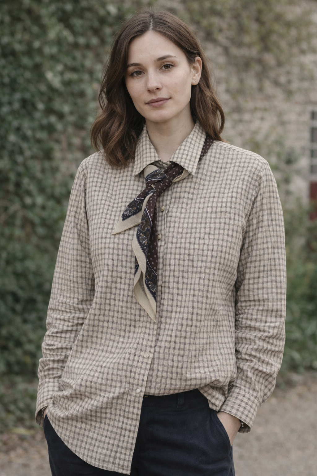 Woman wearing a checkered shirt with a necktie against a natural background