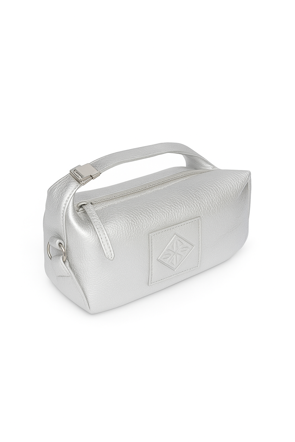 Silver handbag with a brand logo on a white background