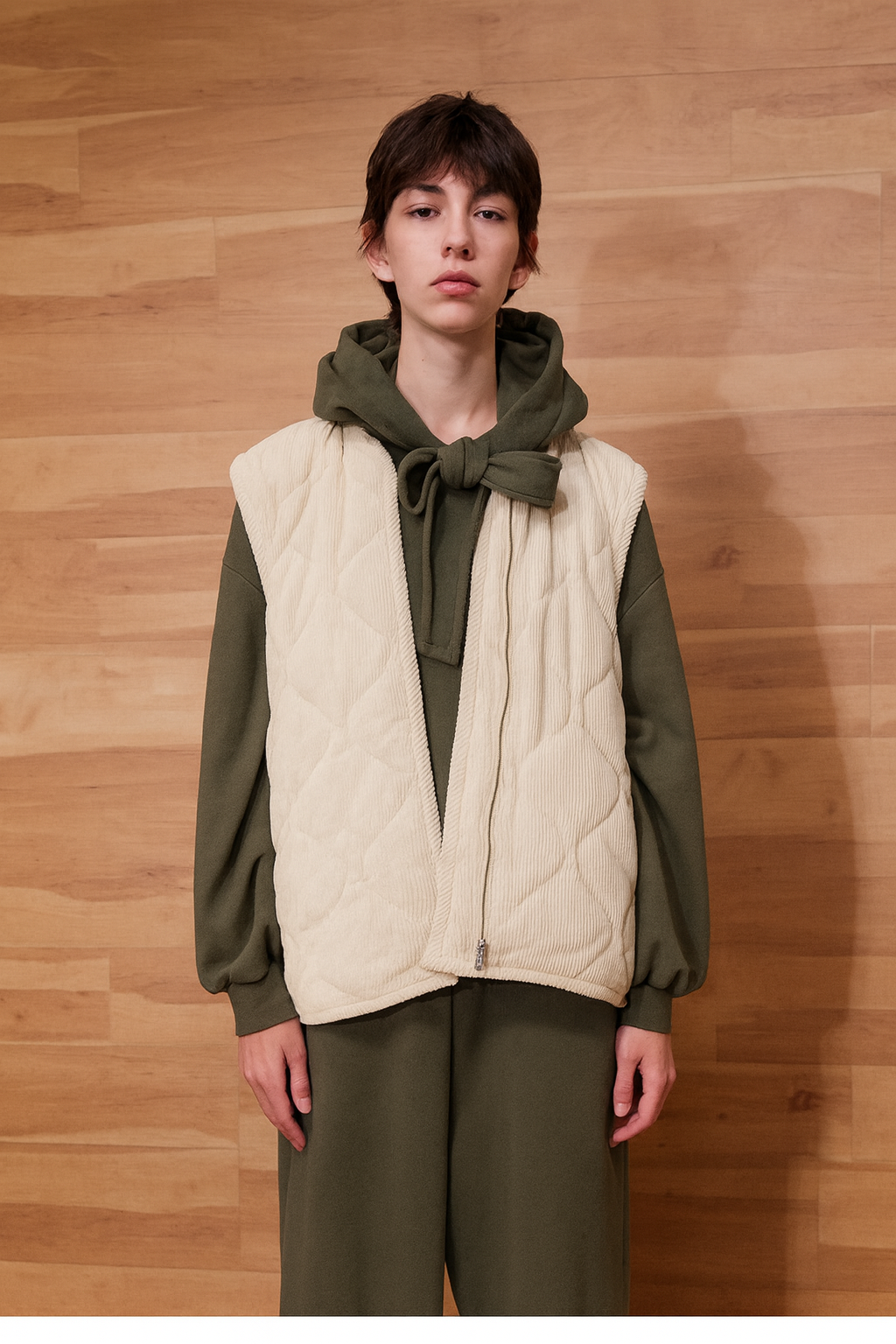 Person wearing a green hoodie and beige quilted vest against a wooden wall