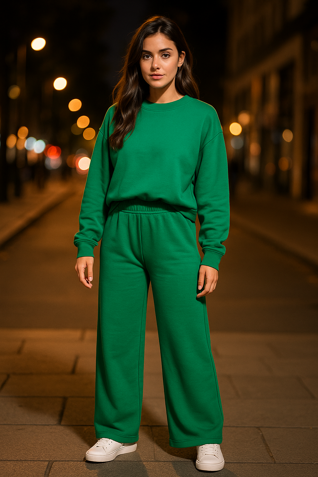 Woman wearing a green outfit standing on a street at night.