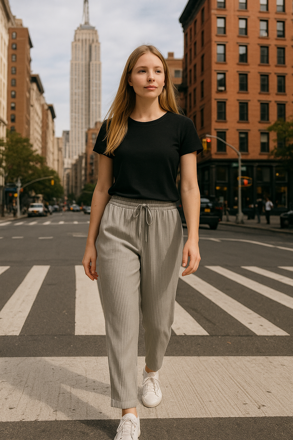 Woman walking on a city street with tall buildings in the background