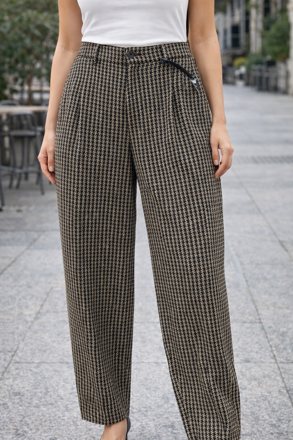 High-waist tailored trousers in classic houndstooth print