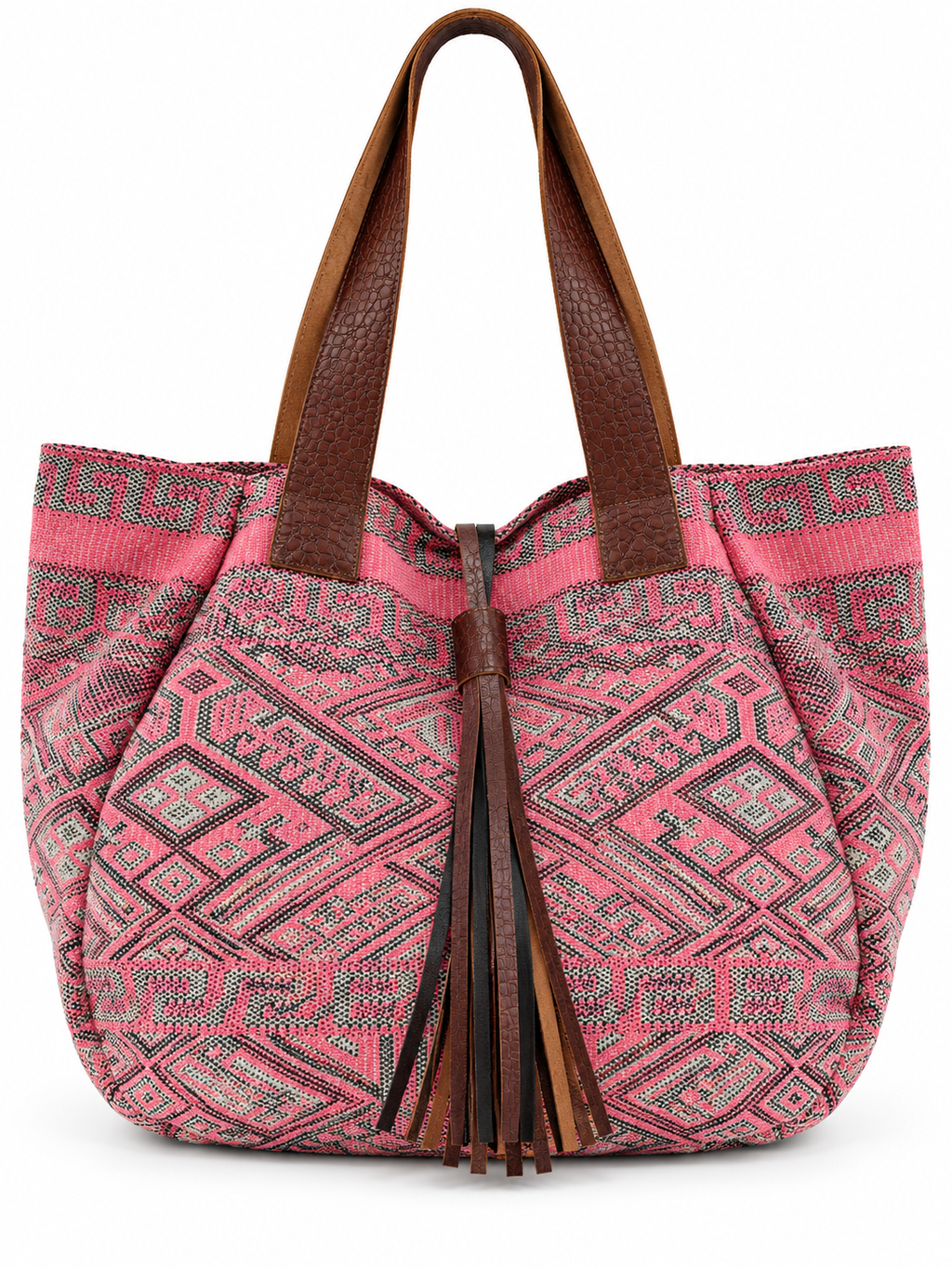 A pink and brown patterned tote bag with textured brown faux-leather handles and a matching tassel detail, shown against a plain white background.