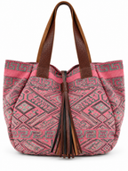 A pink and brown patterned tote bag with textured brown faux-leather handles and a matching tassel detail, shown against a plain white background.
