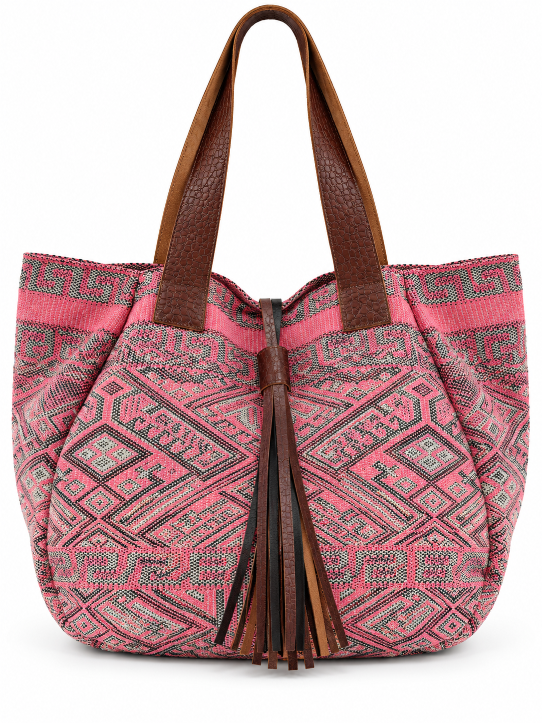 A pink and brown patterned tote bag with textured brown faux-leather handles and a matching tassel detail, shown against a plain white background.