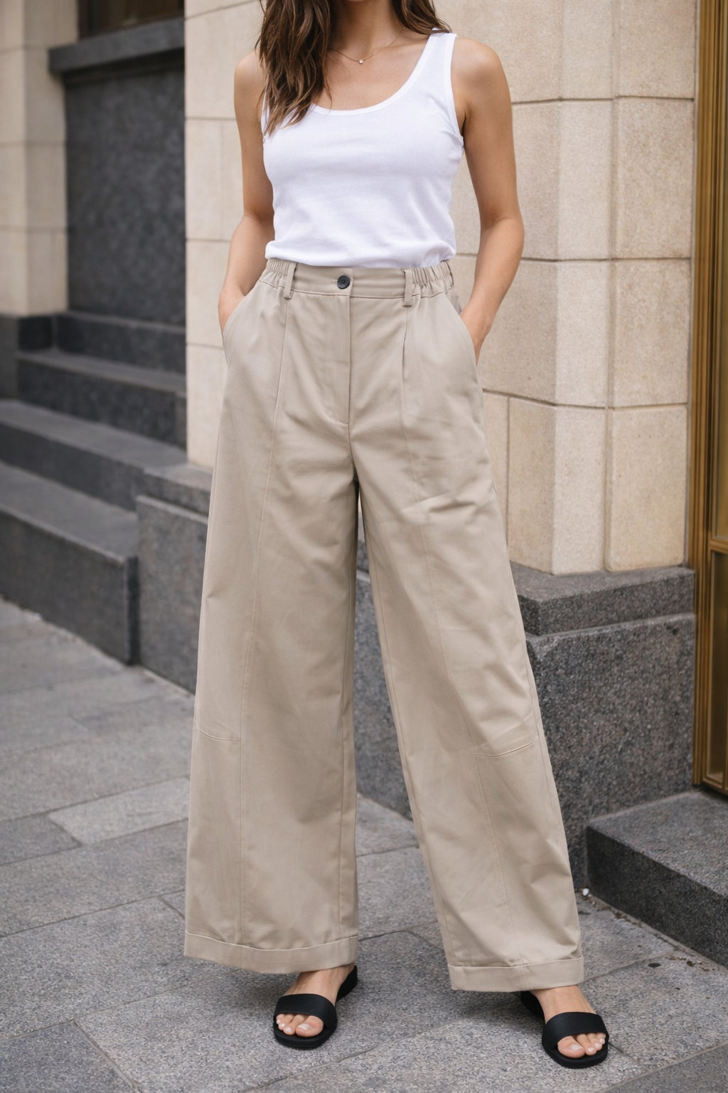 Elastic Waist Wide-Leg Trousers