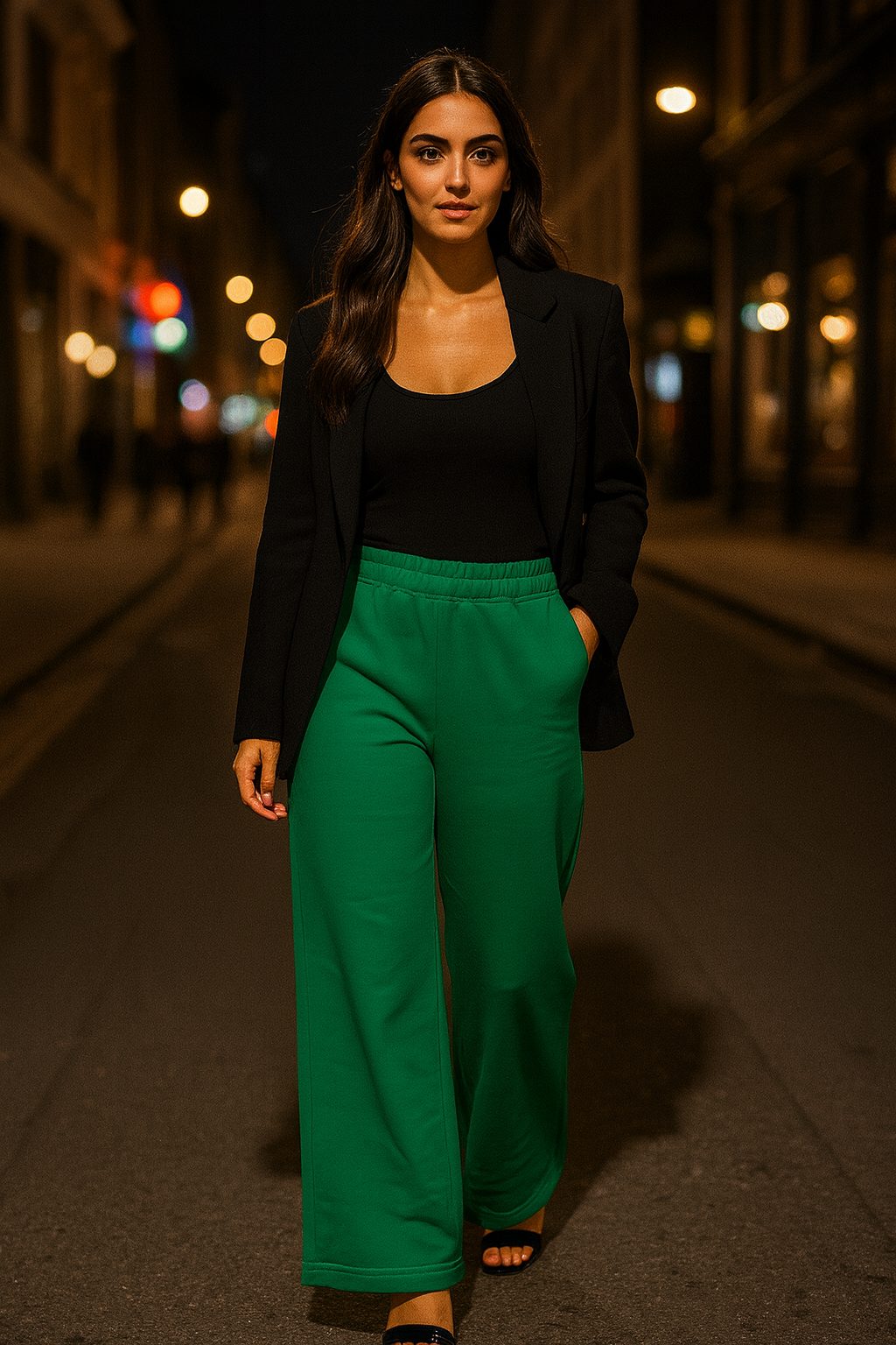 Woman in black blazer and green pants standing on a city street at night.