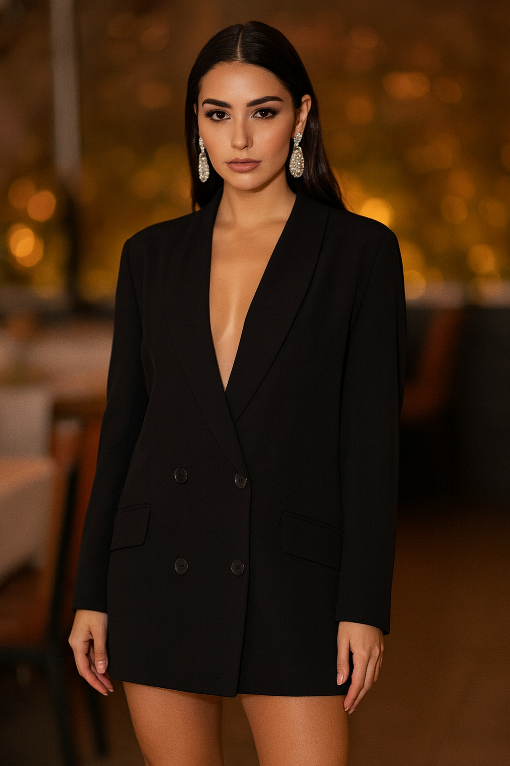 Woman wearing a black blazer over a black dress in an indoor setting with warm lighting.