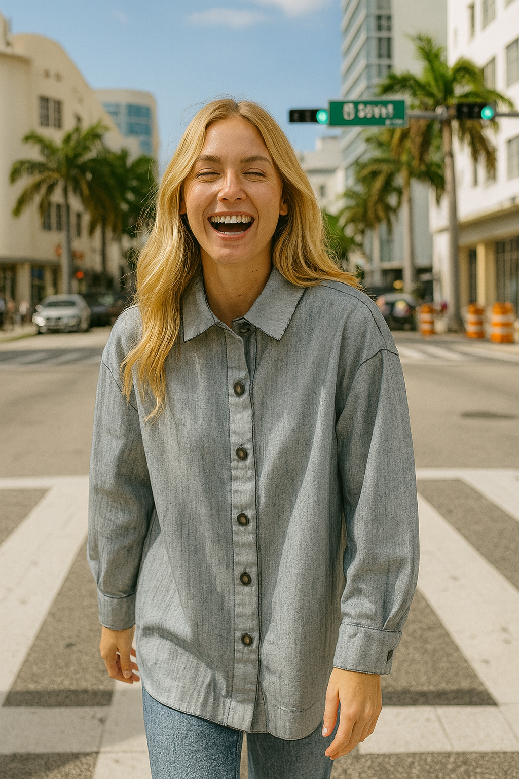 Woman in a gray shirt standing on a city street with palm trees and buildings in the background.