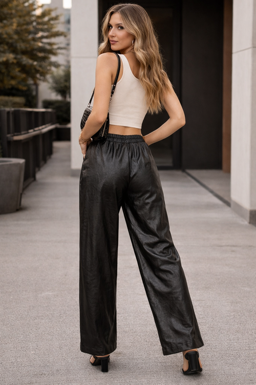 Black Faux Leather Wide-Leg Trousers