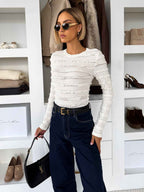 Women's Textured Long Sleeve Bodysuit – Ribbed Ruffle Design
