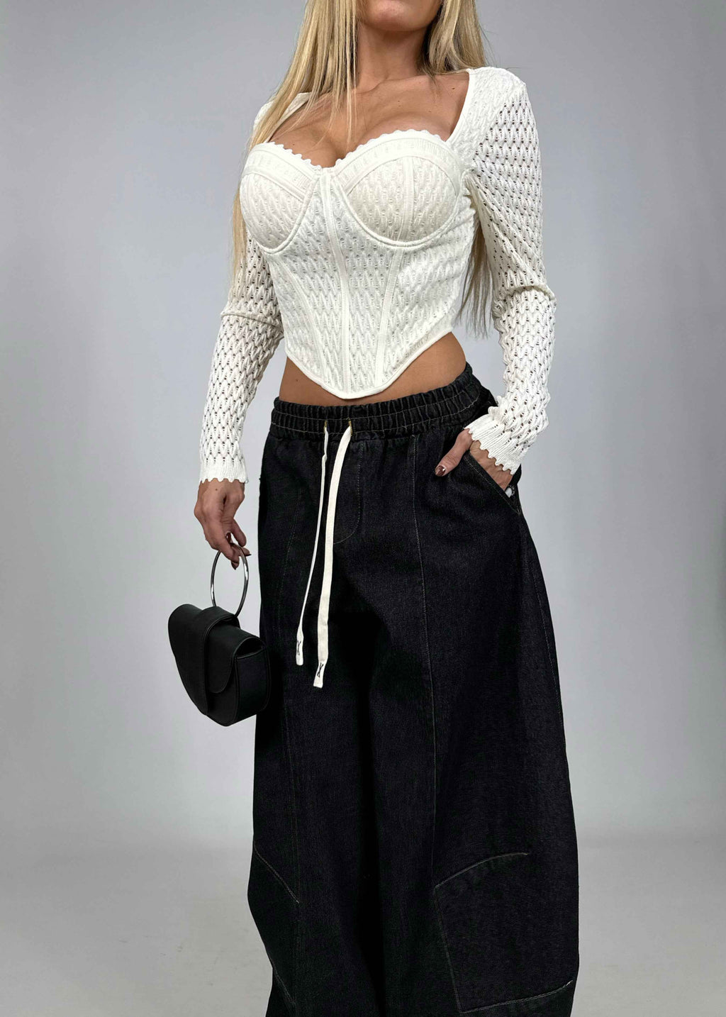 White Knitted Long Sleeve Corset Top – Structured Bustier Design