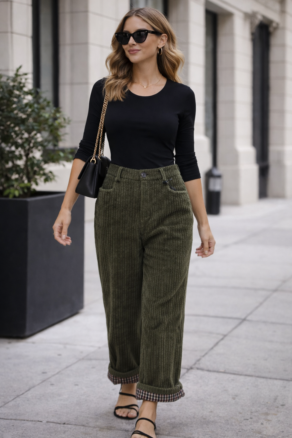 Woman wearing a black top and green pants walking on a city street.