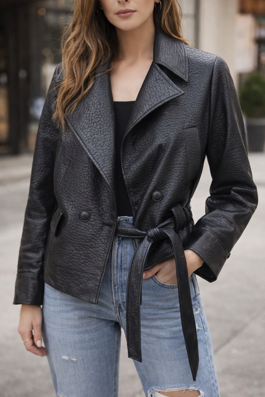 Person wearing a dark gray textured jacket with a belt, standing on a street.
