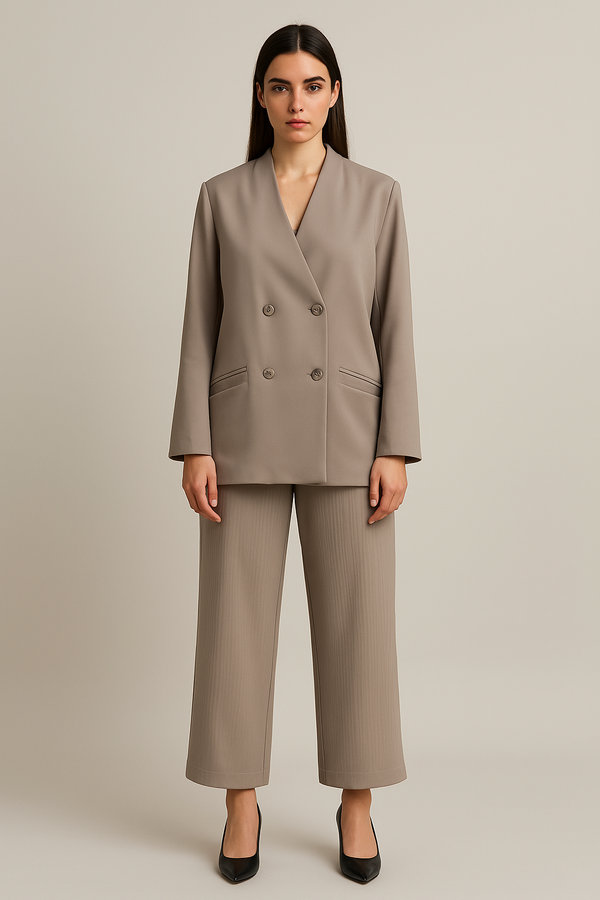 Woman wearing a beige suit against a plain background