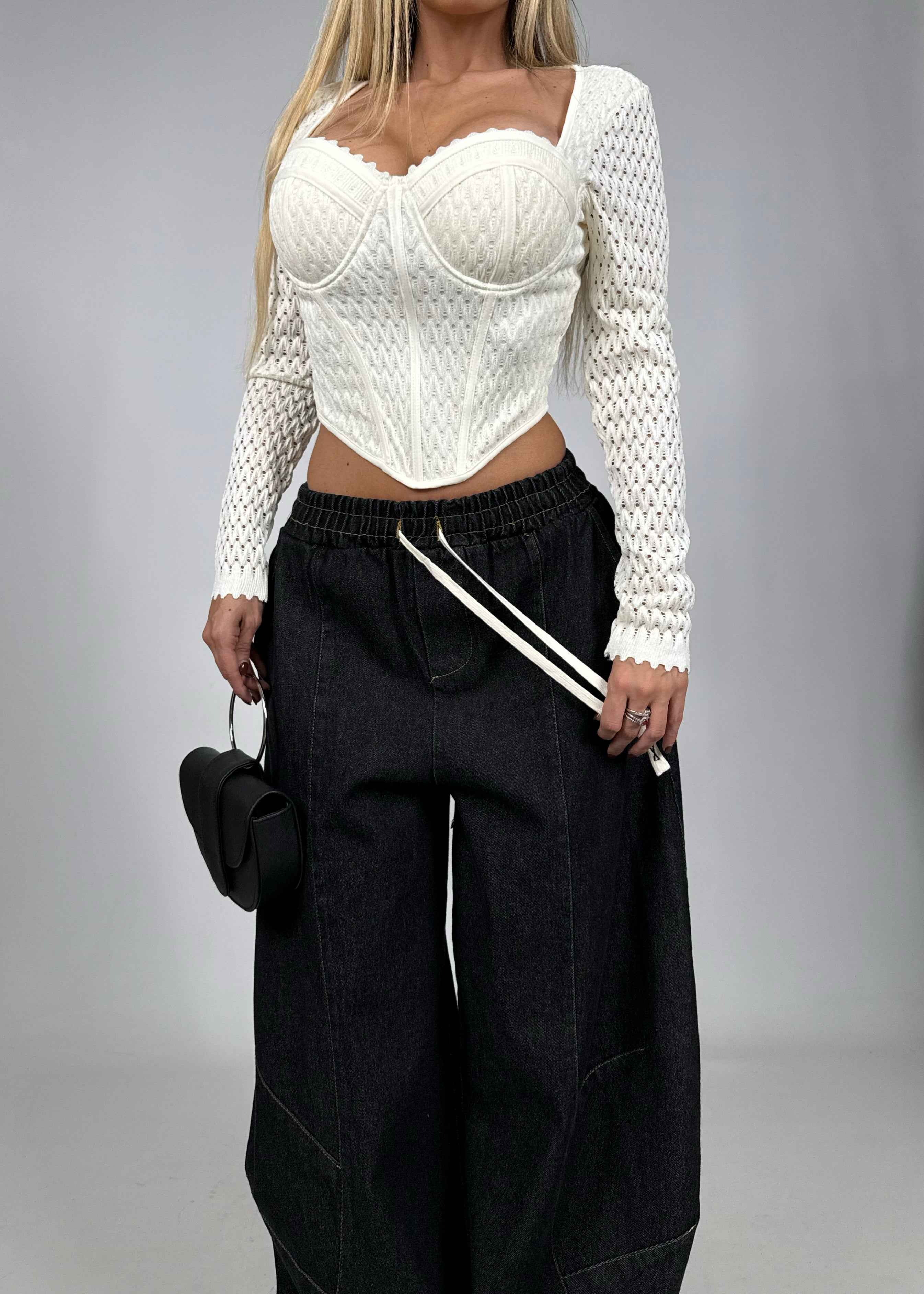 White Knitted Long Sleeve Corset Top – Structured Bustier Design