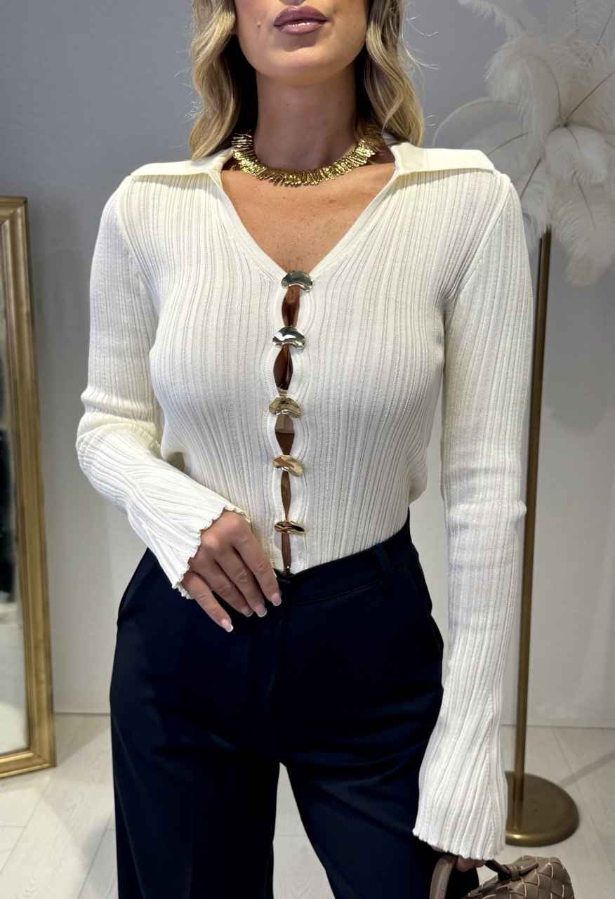 Ribbed Long Sleeve Blouse with Statement Gold Buttons