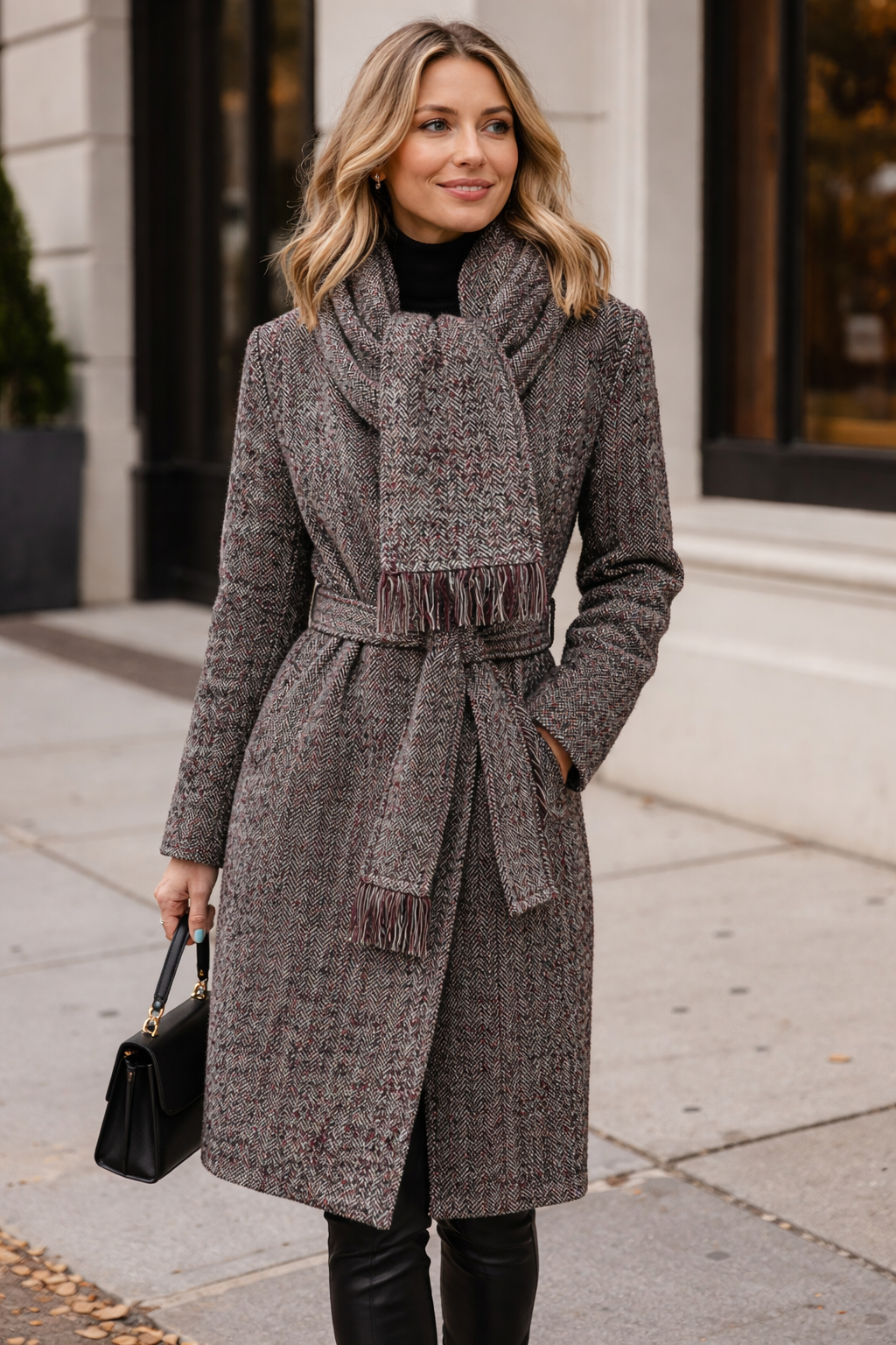 Woman wearing a long gray coat and scarf on a city street.