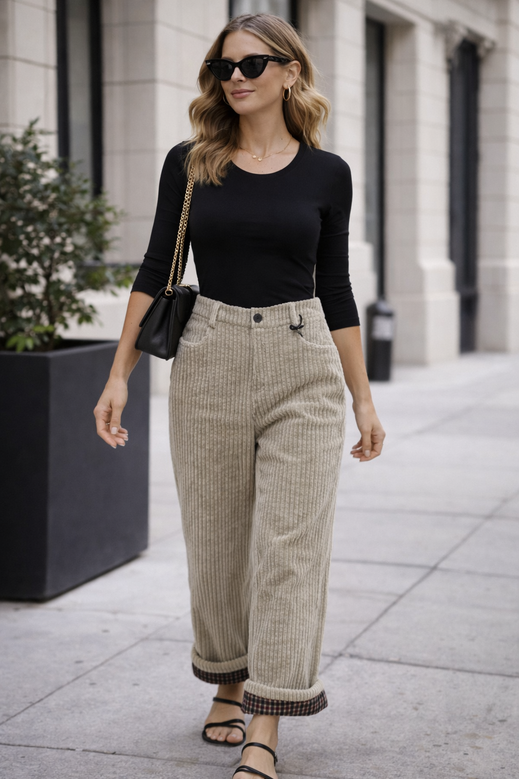Woman wearing a black top and plaid pants walking on a city street.
