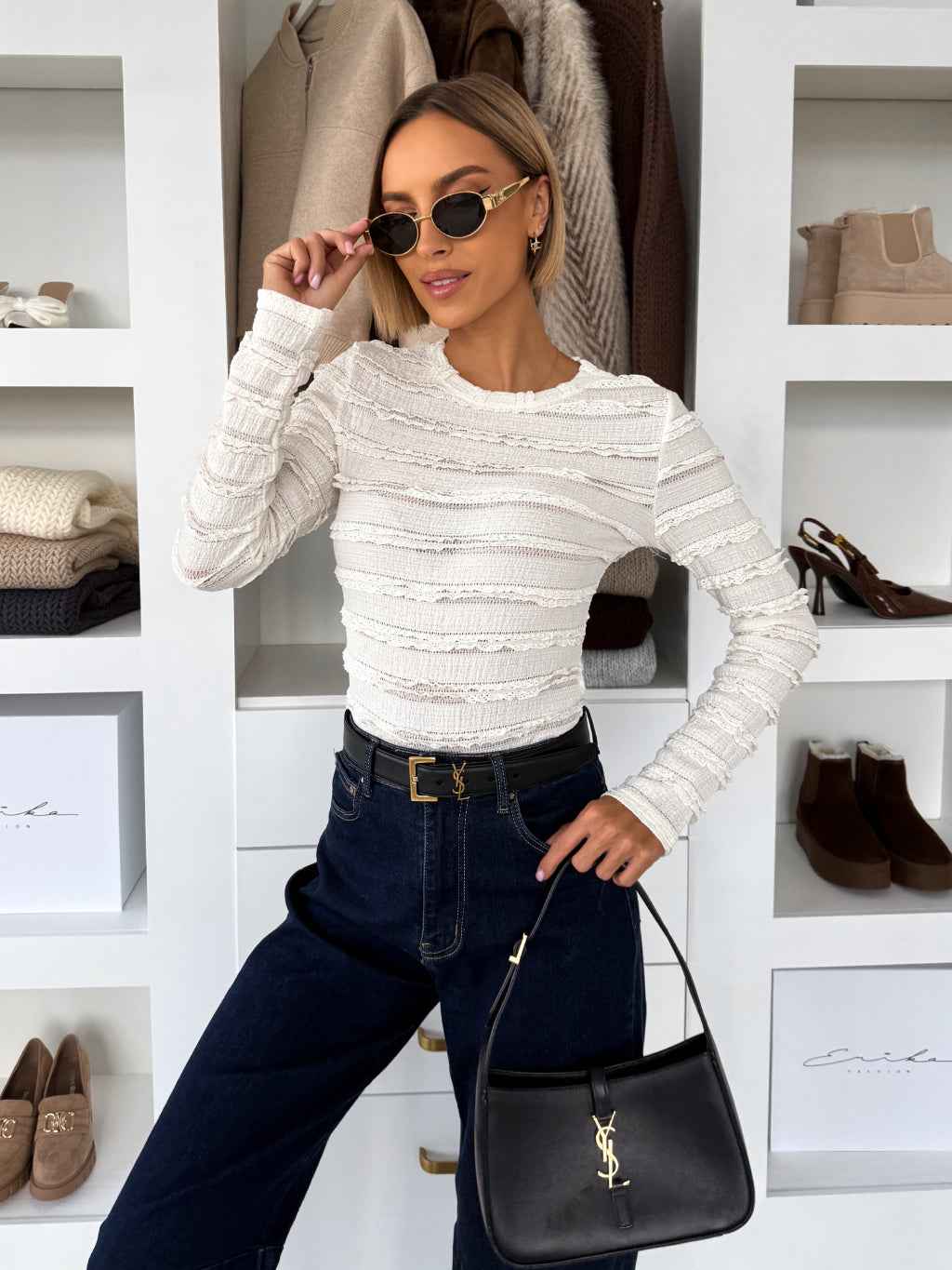 Women's Textured Long Sleeve Bodysuit – Ribbed Ruffle Design