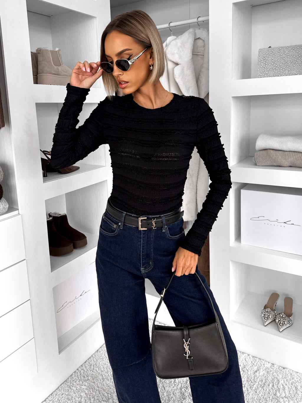 Women's Textured Long Sleeve Bodysuit – Ribbed Ruffle Design