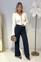 Ribbed Long Sleeve Blouse with Statement Gold Buttons