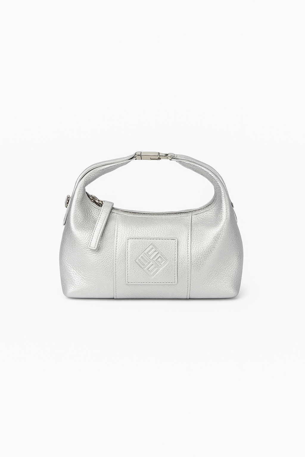 Silver handbag with a brand logo on a white background
