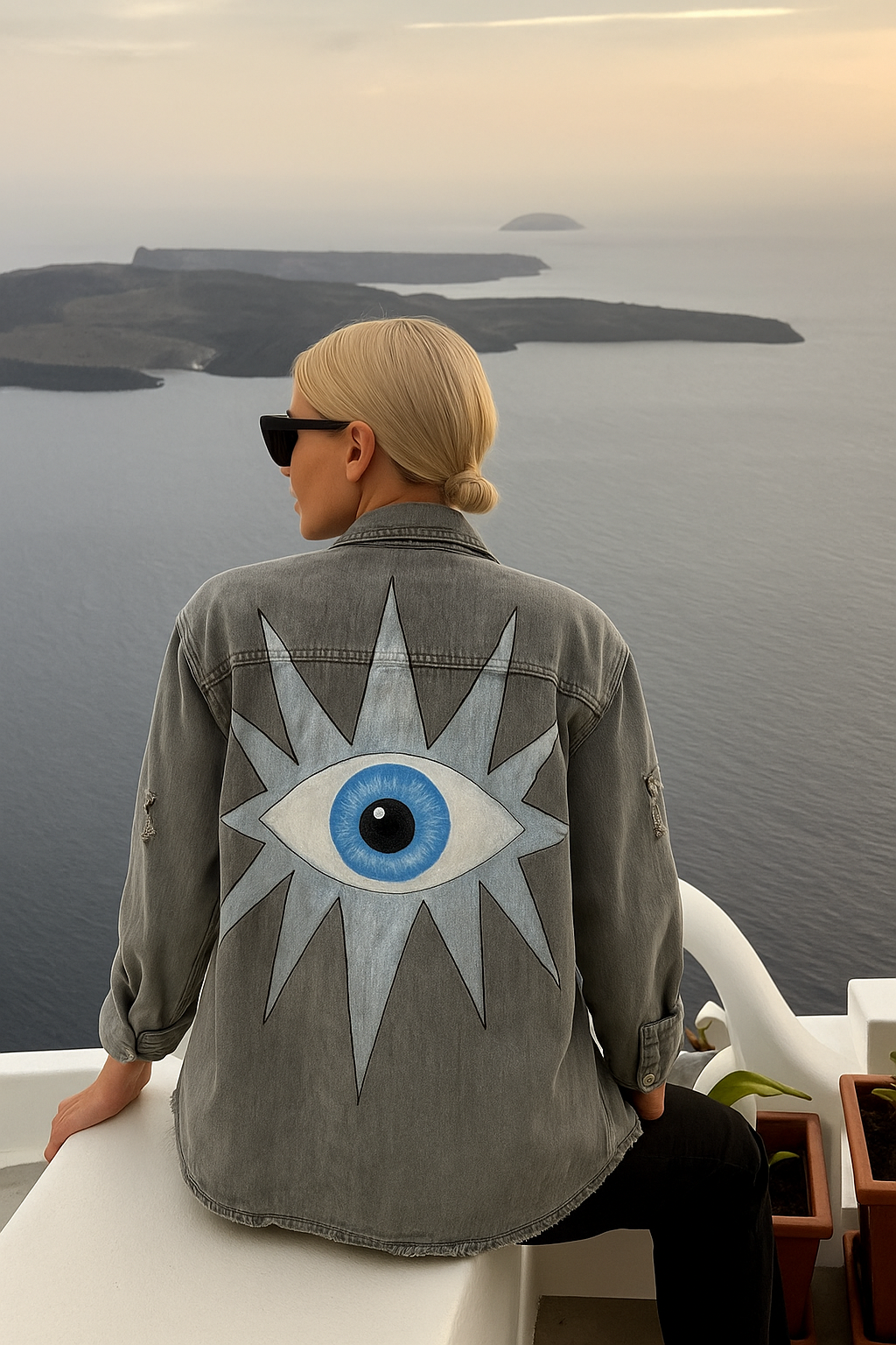 Person wearing a jacket with an eye design by a body of water