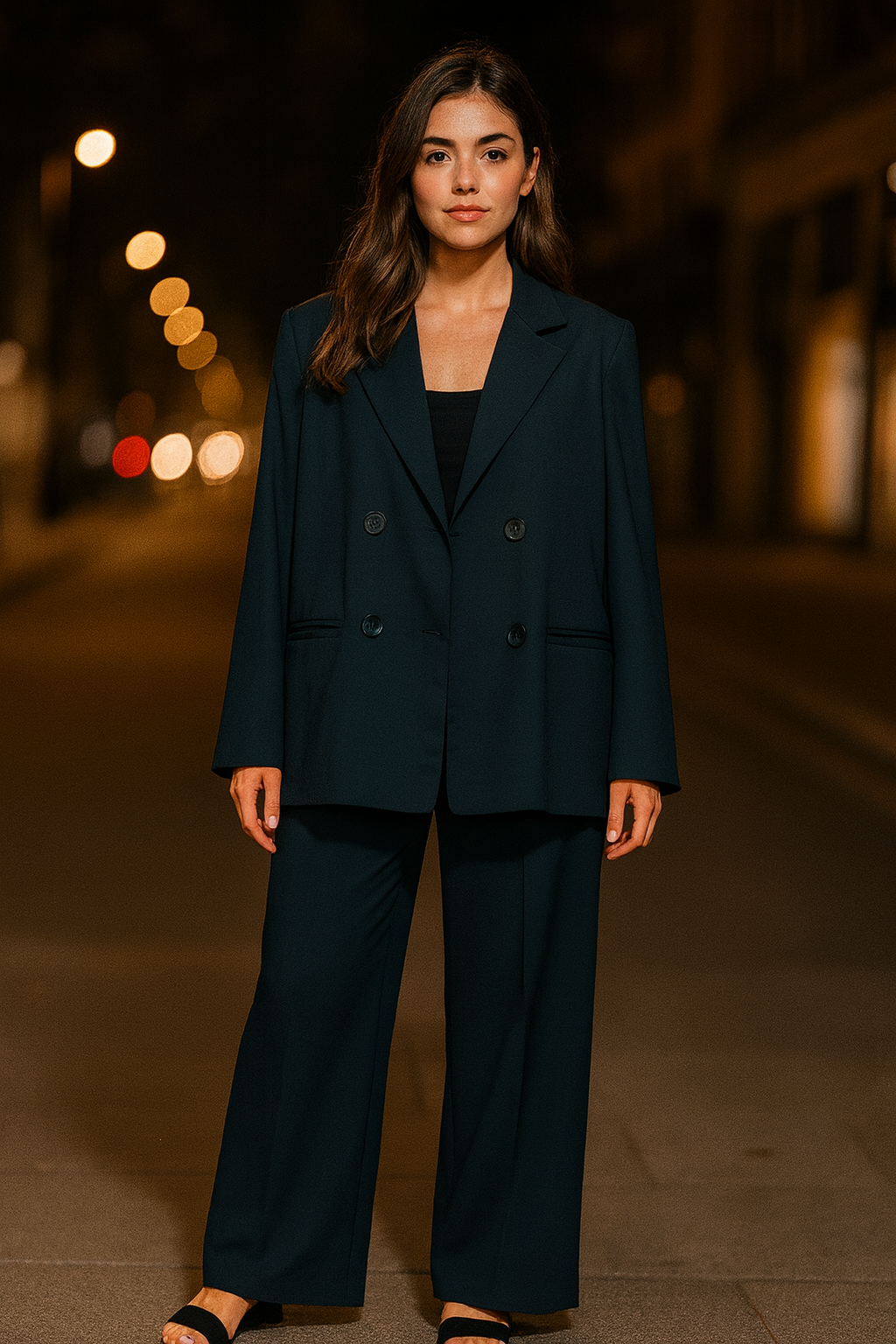 Woman wearing a dark suit standing on a street at night.
