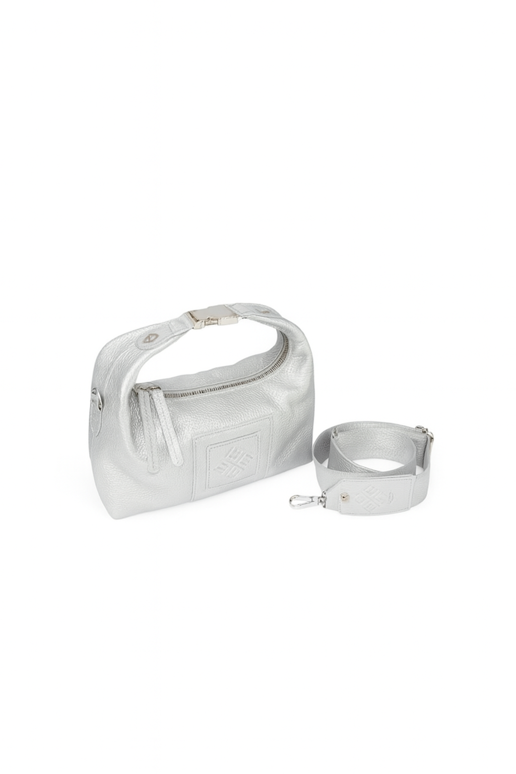 White crossbody bag with strap on a white background