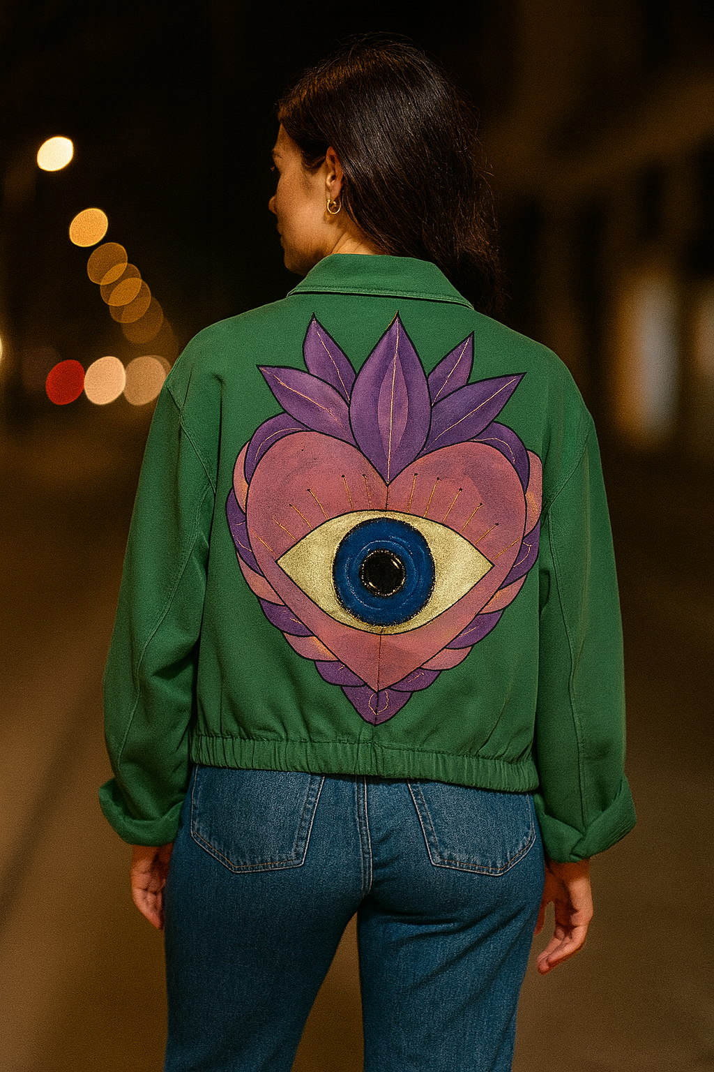 Person wearing a green jacket with a colorful design on the back, standing against a blurred background.