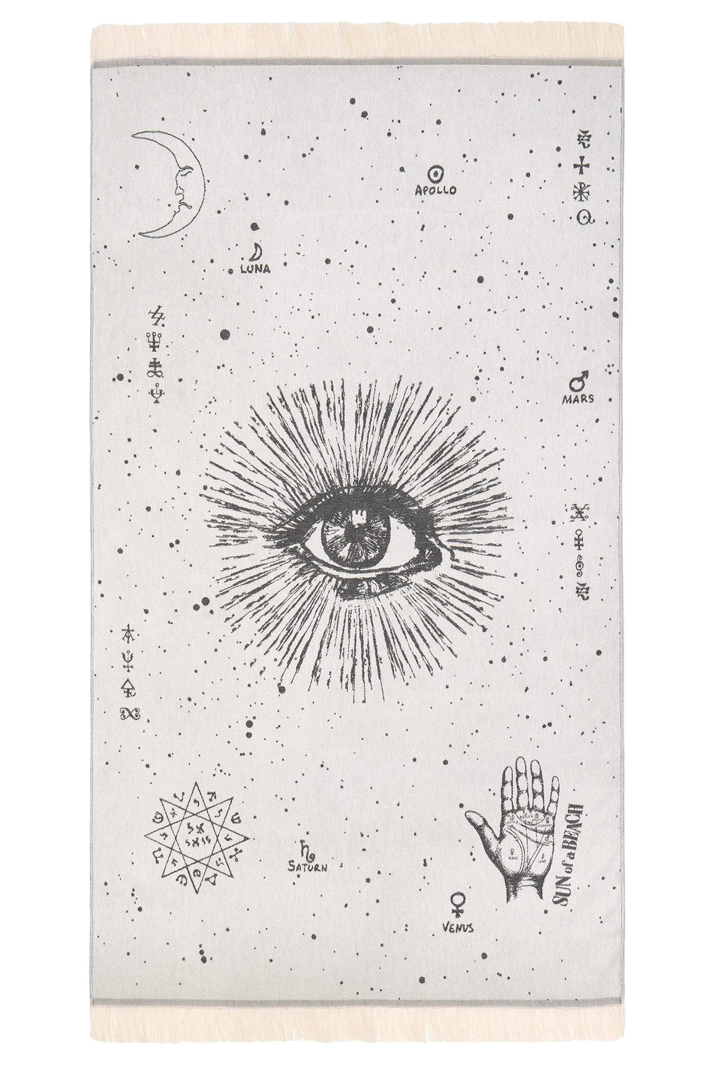 Decorative wall tapestry with celestial designs and symbols on a neutral background