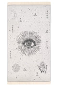 Decorative wall tapestry with celestial designs and symbols on a neutral background