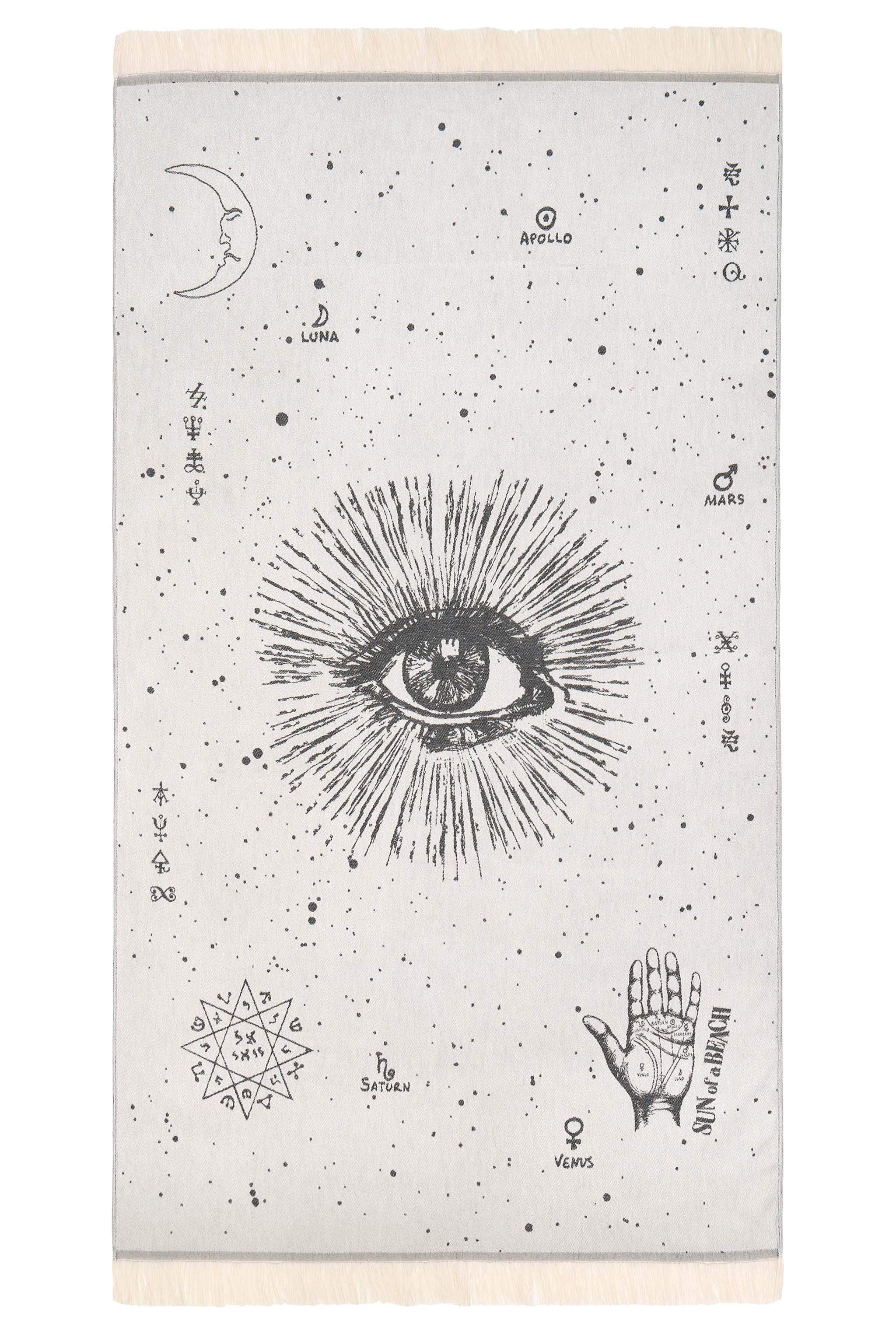 Decorative wall tapestry with celestial designs and symbols on a neutral background