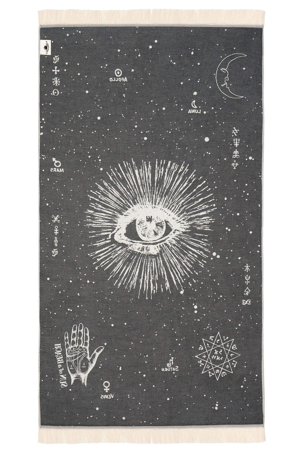 Towel with celestial design featuring an eye, hand, and geometric patterns on a dark background.