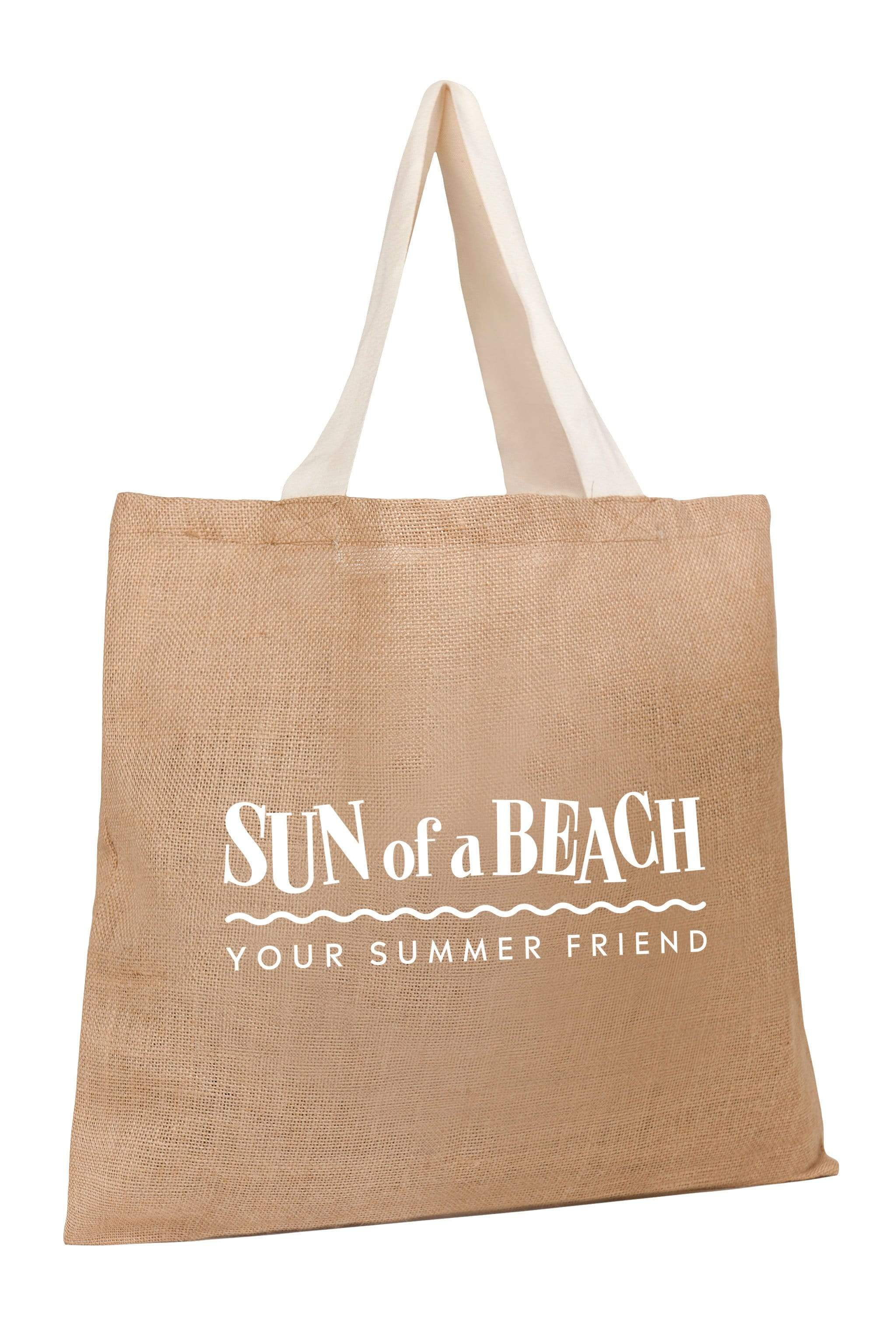 Jute bag with 'Sun of a Beach Your Summer Friend' text on a white background