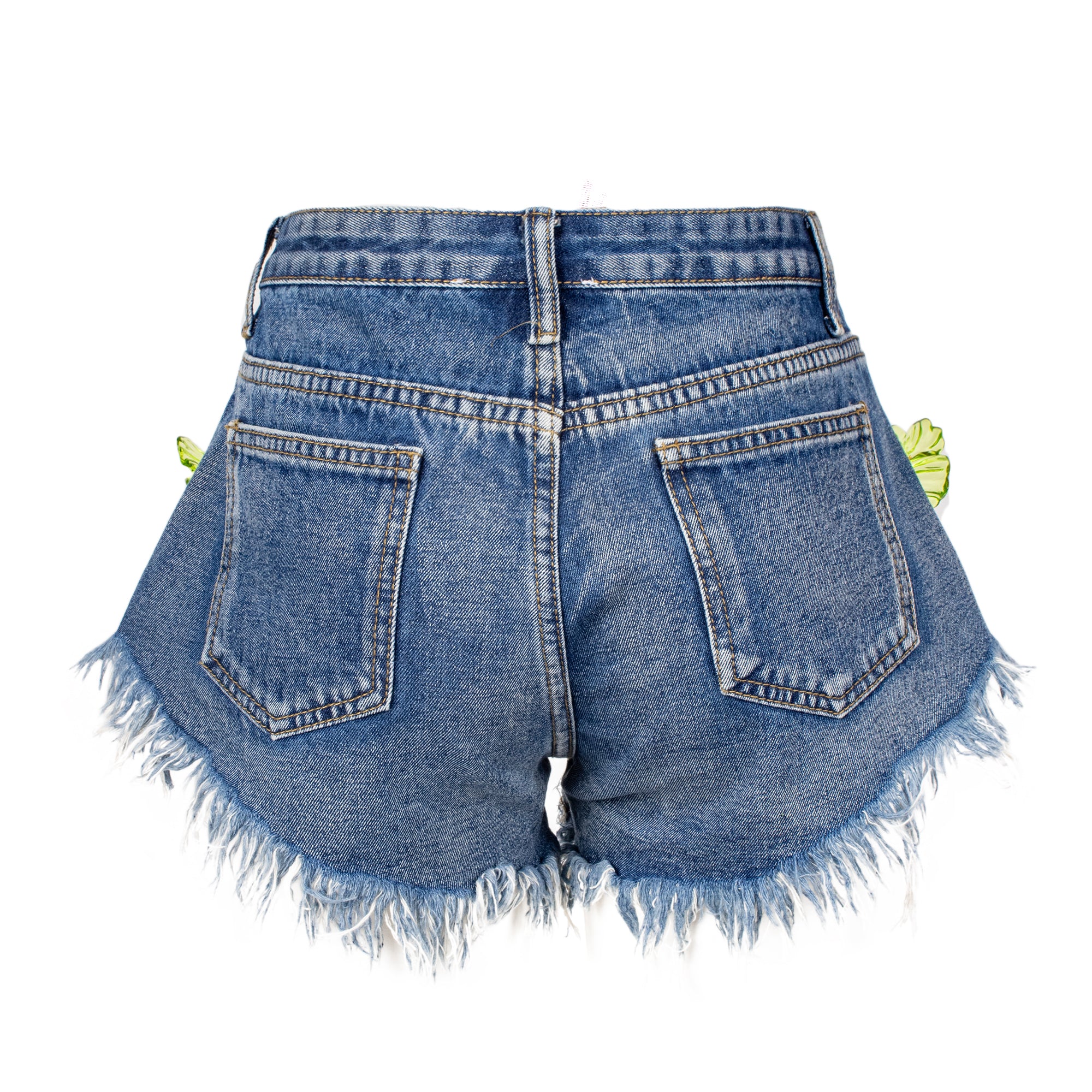 Blue denim shorts with frayed edges on a white background