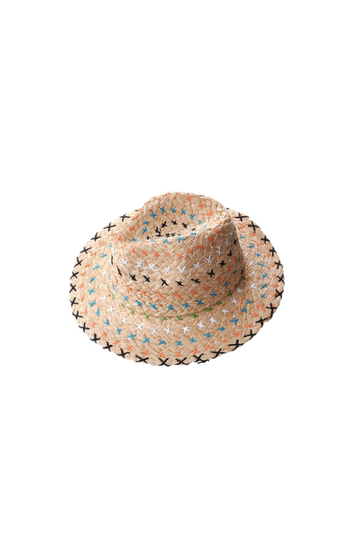 Woven straw hat with black decorative elements on a white background