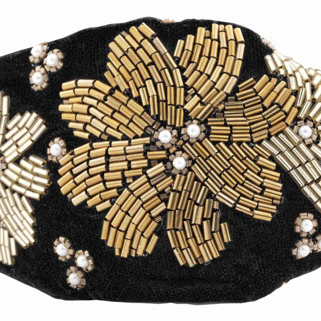 Black clutch with gold beaded flowers and pearl accents