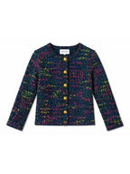 A tweed jacket , featuring a dark navy blue base with multicolored flecks of yellow, pink, and green, accented by a row of gold buttons down the front.