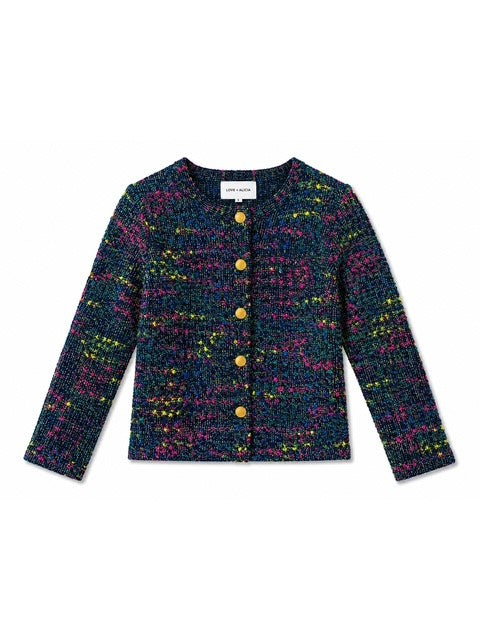 A tweed jacket , featuring a dark navy blue base with multicolored flecks of yellow, pink, and green, accented by a row of gold buttons down the front.