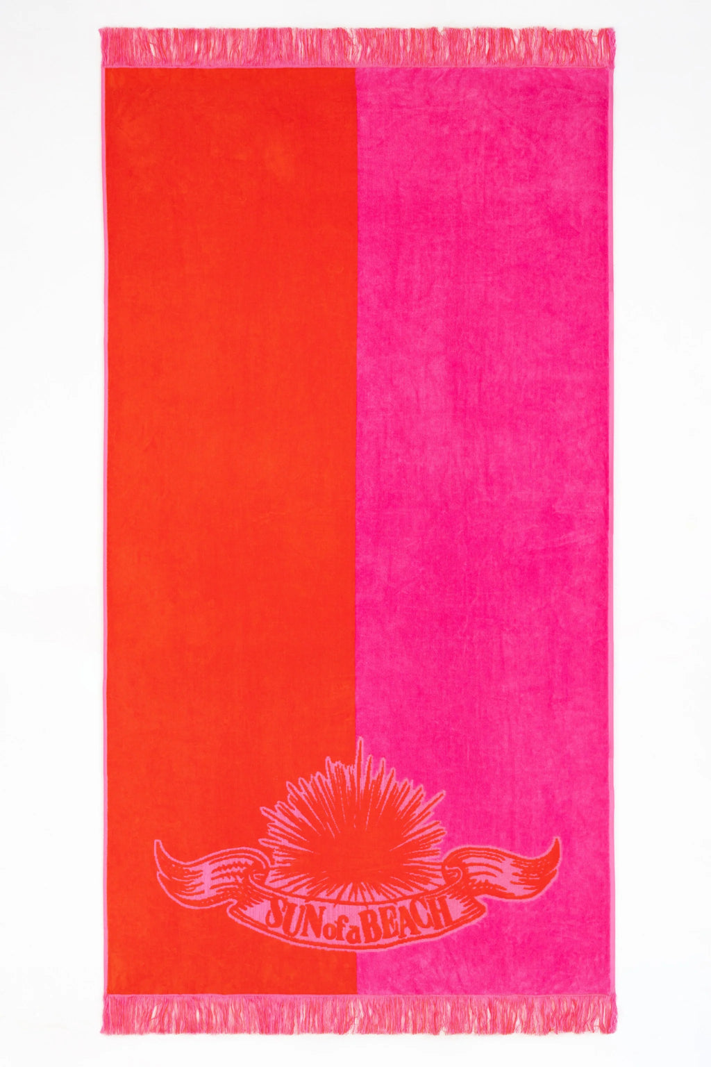 Towel with red and pink stripes and a logo on a white background