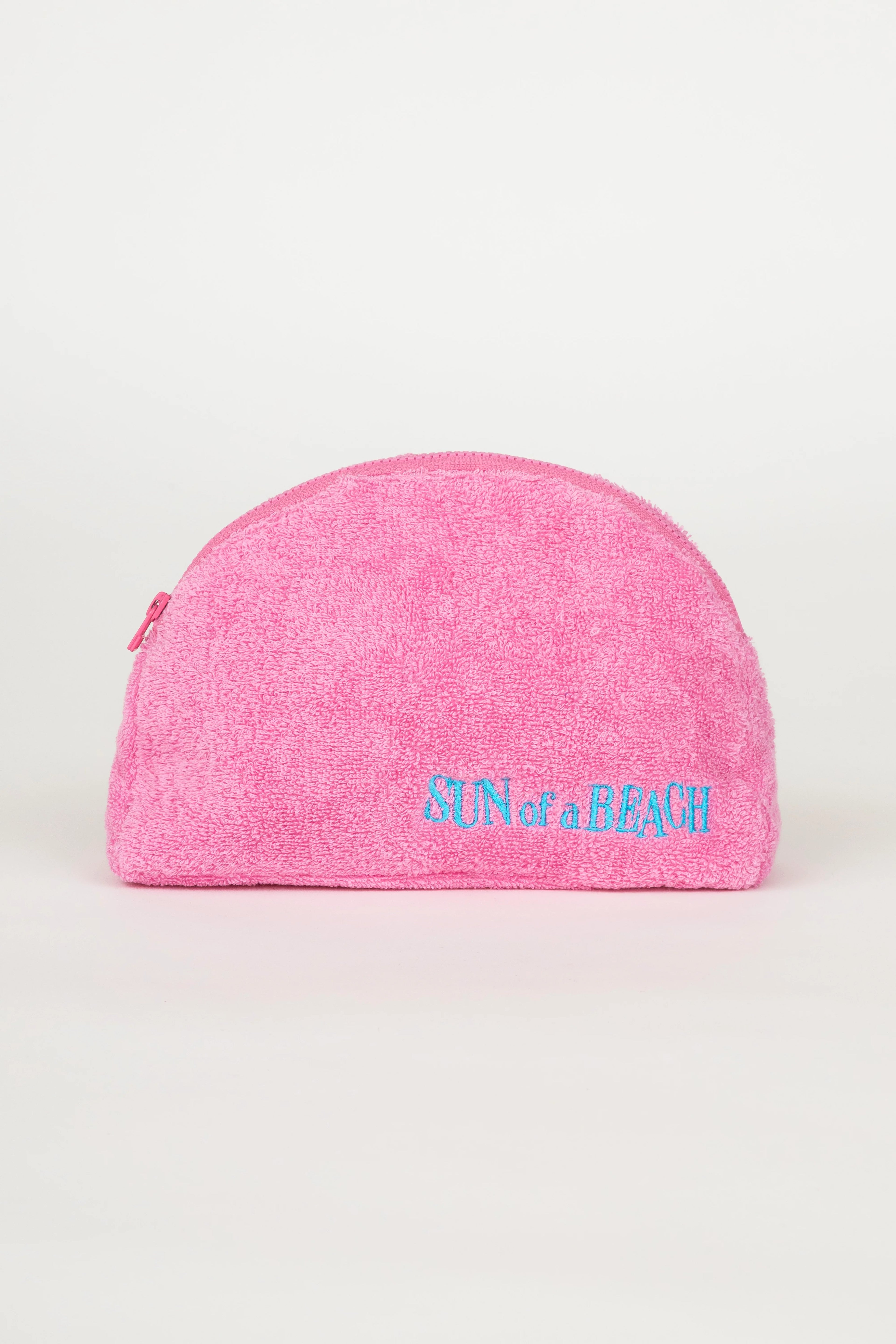 Pink pouch with 'Sun of a Beach' text on a white background