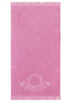 Pink towel with a white emblem on a white background